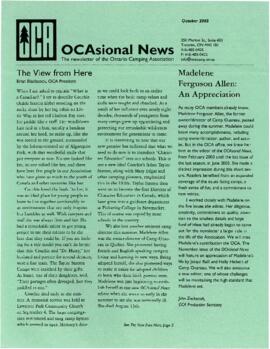 OCAsional News: The Newsletter of the Ontario Camping Association, with insert
